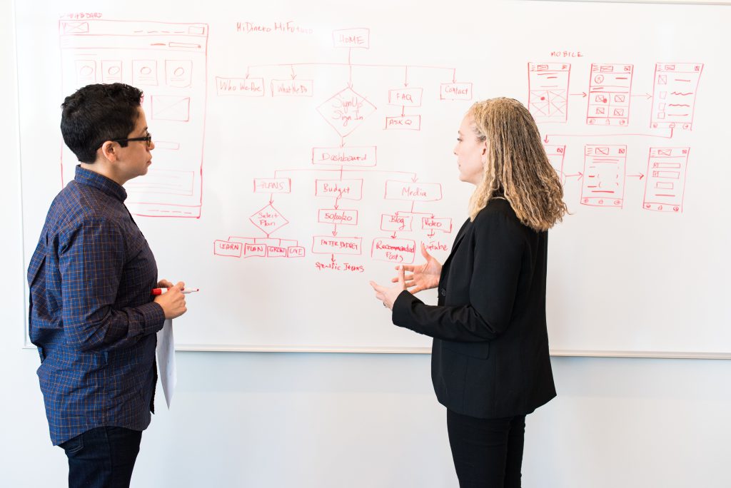 Two people engaged in a conversation with whiteboard notes in the background